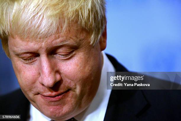 British Foreign Secretary Boris Johnson gives a press conference in the Security Council Stakeout area of the United Nations Headquarters after...