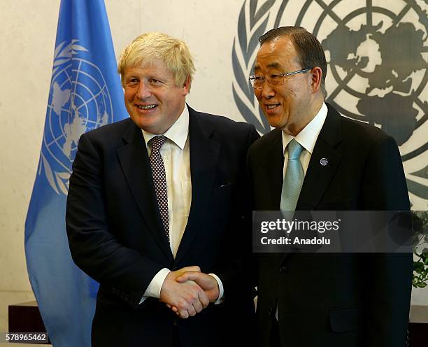 British Foreign Secretary Boris Johnson meets United Nations Secretary General Ban Ki-moon at United Nation building in New York, USA on July 22,...