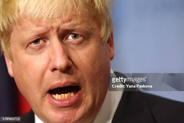 British Foreign Secretary Boris Johnson gives a press conference in the Security Council Stakeout area of the United Nations Headquarters after...