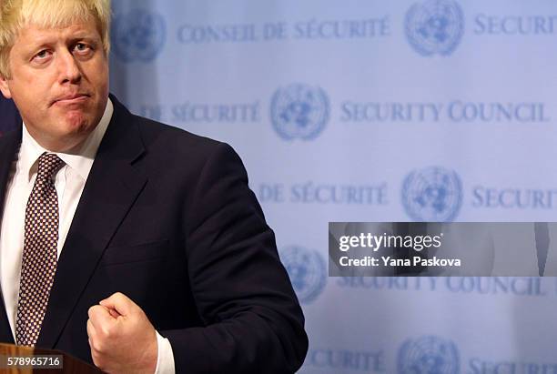 British Foreign Secretary Boris Johnson gives a press conference in the Security Council Stakeout area of the United Nations Headquarters after...