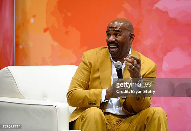 Television personality and host Steve Harvey speaks at the State Farm Color Full Lives Art Gallery during the 2016 State Farm Neighborhood Awards at...