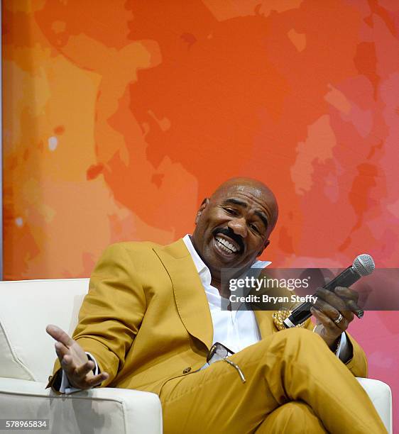 Television personality and host Steve Harvey speaks at the State Farm Color Full Lives Art Gallery during the 2016 State Farm Neighborhood Awards at...