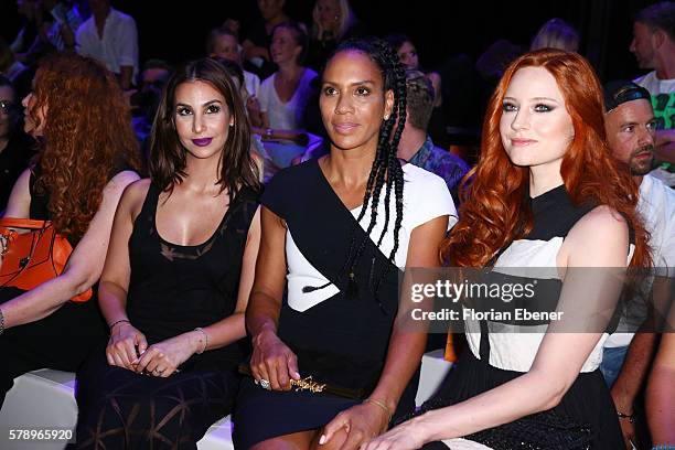 Sila Sahin, Barbara Becker and Barbara Meier attend the Breuninger show during Platform Fashion July 2016 at Areal Boehler on July 22, 2016 in...