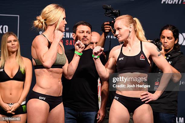 Opponents Holly Holm and Valentina Shevchenko of Kyrgyzstan face off during the UFC weigh-in at the United Center on July 22, 2016 in Chicago,...