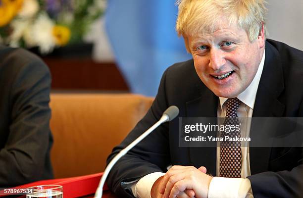 British Foreign Secretary Boris Johnson sits down to speak with United Nations Secretary-General Ban Ki-Moon at the United Nations Headquarters in...