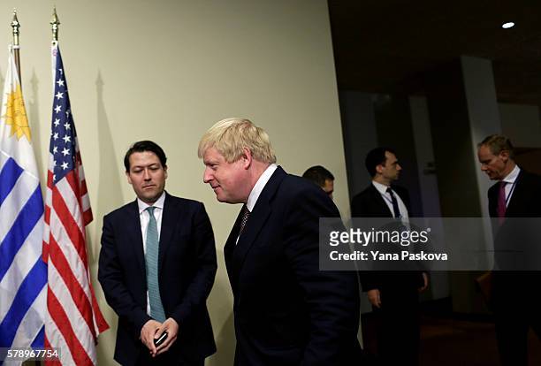 British Foreign Secretary Boris Johnson arrives to a press conference in the Security Council Stakeout area of the United Nations Headquarters after...