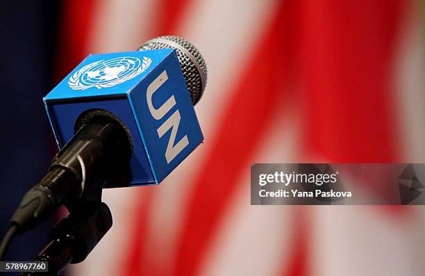 Microphone awaits British Foreign Secretary Boris Johnson to arrive to a press conference in the Security Council Stakeout area of the United Nations...