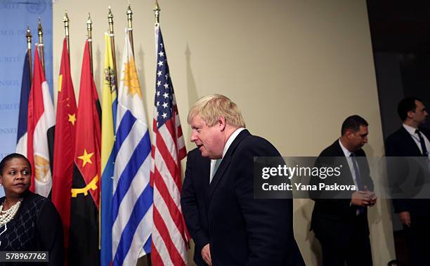 British Foreign Secretary Boris Johnson arrives to a press conference in the Security Council Stakeout area of the United Nations Headquarters after...