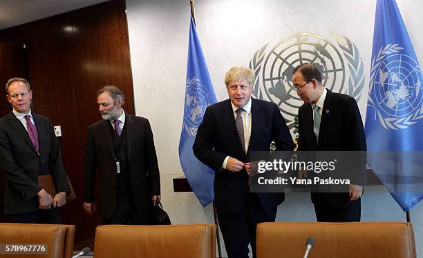 British Foreign Secretary Boris Johnson meets with United Nations Secretary-General Ban Ki-Moon at the United Nations Headquarters in New York City...