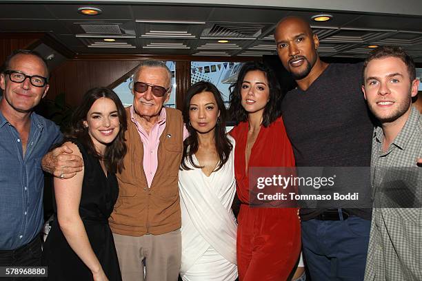 Actors Clark Gregg, Elizabeth Henstridge, writer Stan Lee, Ming-Na Wen, Chloe Bennet, Henry Simmons and Iain De Caestecker of Agents of S.H.I.E.L.D....