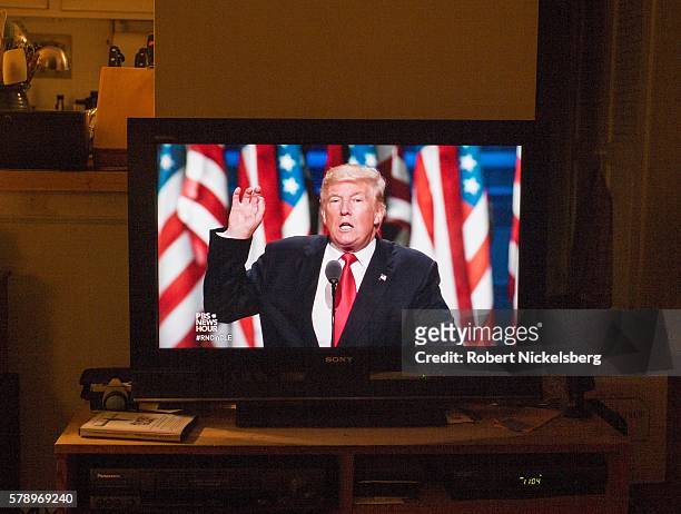 Republican presidential candidate Donald Trump delivers a speech during the evening session on the fourth day of the Republican National Convention...