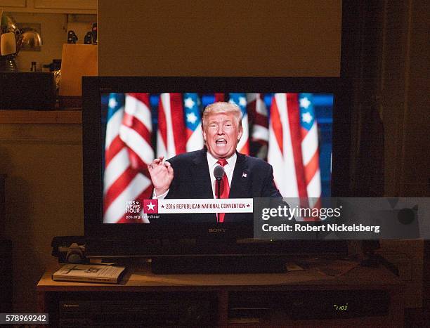 Republican presidential candidate Donald Trump delivers a speech during the evening session on the fourth day of the Republican National Convention...