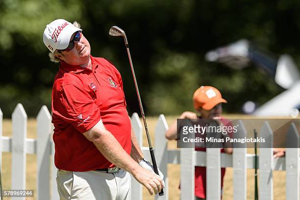 Brad Fritsch of Canada reacts after his tee from the seventh during round two of the 2016 RBC Canadian Open at Glen Abbey Golf Course on July 22,...