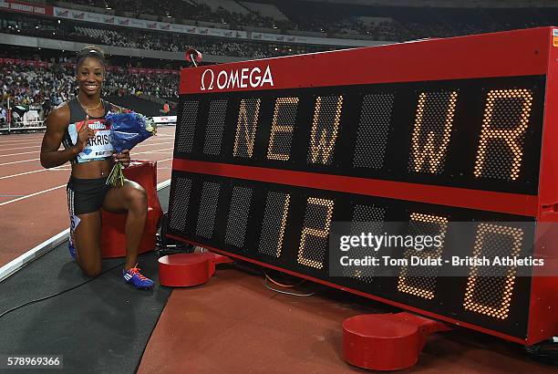 Kendra Harrison of the U.S. Celebrates after setting a new world record in the womens 100m hurdles during Day One of the Muller Anniversary Games at...