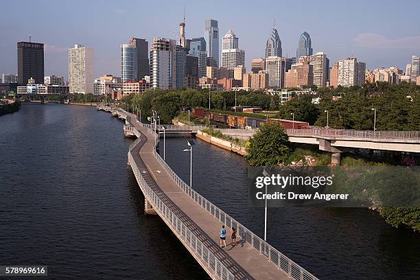 View of downtown Philadelphia, overlooking the Schuylkill River and Schuylkill Banks Boardwalk, July 22, 2016 in Philadelphia, Pennsylvania. The...