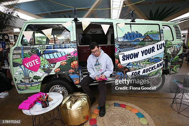 Glyn Walters, Auckland Council Elections Planning Manager with the Love Bus at Mangere Town Centre on July 23, 2016 in Auckland, New Zealand. The van...