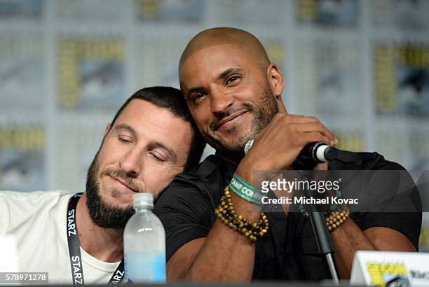 Actors Pablo Schreiber and Ricky Whittle attend the "American Gods" panel during Comic-Con International 2016 at San Diego Convention Center on July...
