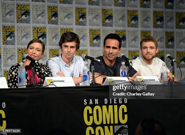 Actor Vera Farmiga, Freddie Highmore, Nestor Carbonell and Max Thieriot attend the "Bates Motel" panel with A&E during Comic-Con International 2016...