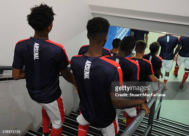 Chris Willock and Gedion Zelalem of Arsenal before a pre season friendly between RC Lens and Arsenal at Stade Bollaert-Delelis on July 22, 2016 in...