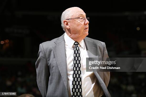 Head Coach Mike Thibault of the Washington Mystics looks on against the Los Angeles Sparks on July 22, 2016 at Verizon Center in Washington, DC. NOTE...