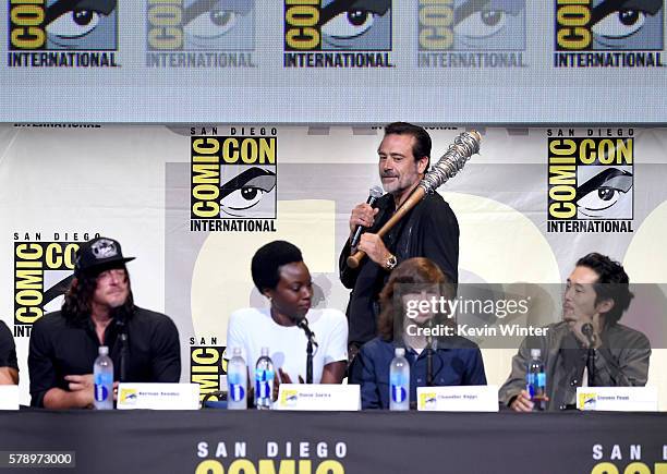 Actors Norman Reedus, Danai Gurira, Jeffrey Dean Morgan, Chandler Riggs, and Steven Yeun attend AMC's "The Walking Dead" panel during Comic-Con...