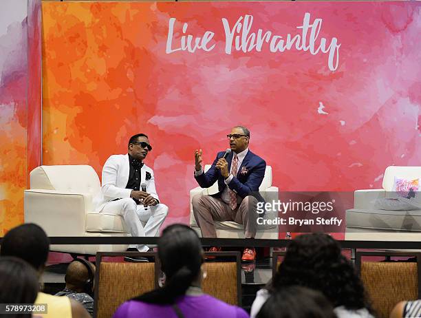 Singer Charlie Wilson and journalist and host Ed Gordon speak at the State Farm Color Full Lives Art Gallery during the 2016 State Farm Neighborhood...
