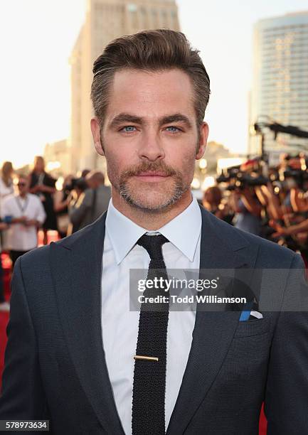 Actor Chris Pine attends the premiere of Paramount Pictures' "Star Trek Beyond" at Embarcadero Marina Park South on July 20, 2016 in San Diego,...