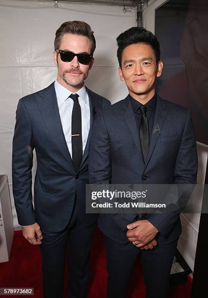 Actors Chris Pine and John Cho attend the premiere of Paramount Pictures' "Star Trek Beyond" at Embarcadero Marina Park South on July 20, 2016 in San...