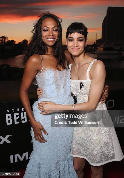 Actresses Zoe Saldana and Sofia Boutella attend the premiere of Paramount Pictures' "Star Trek Beyond" at Embarcadero Marina Park South on July 20,...