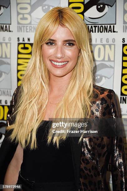 Actress Emma Roberts attends the "Scream Queens" press line during Comic-Con International at Hilton Bayfront on July 22, 2016 in San Diego,...