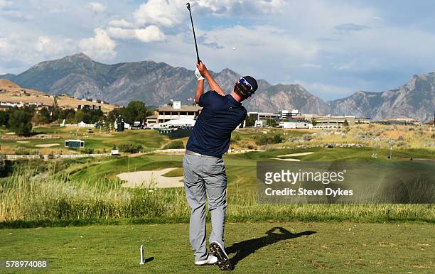 Andrew Putnam hits his drive on the seventh hole during the second round of the Utah Championship Presented by Zions Bank at Thanksgiving Point on...