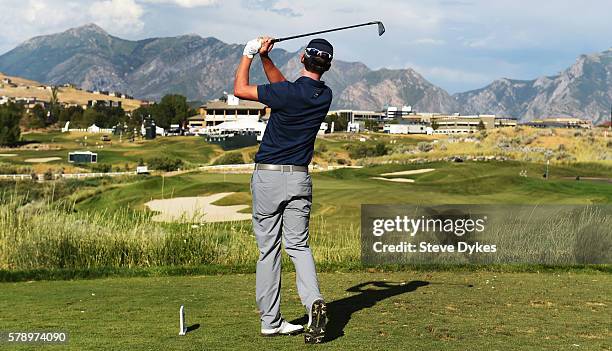 Andrew Putnam hits his drive on the seventh hole during the second round of the Utah Championship Presented by Zions Bank at Thanksgiving Point on...