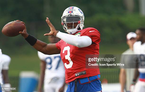Buffalo Bills quarterback EJ Manuel in action during a practice session of Bills training camp at St. John Fisher College in Pittsford, NY.
