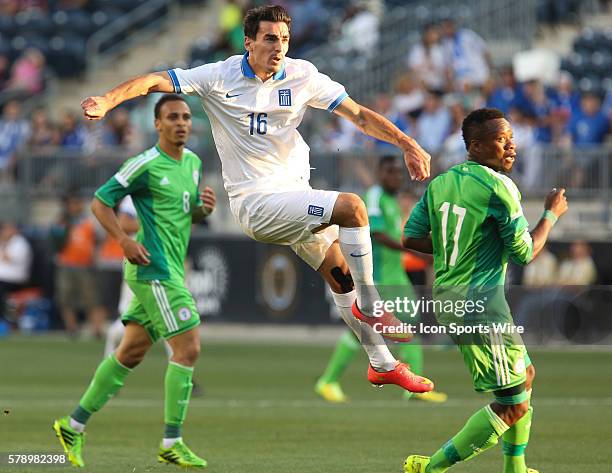 Greek national football team Lazaros Christodoulopoulos kicks the ball during an international friendly Soccer match against the Nigerian national...