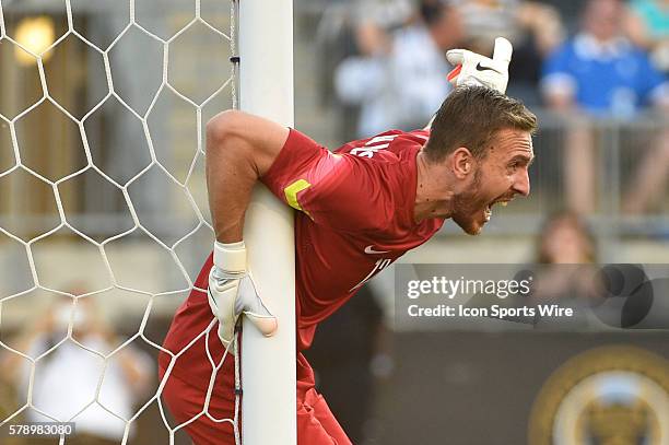 Greek national Panagiotis Glykos gives instructions to teammates during a International Friendly at PPL Park in Philadelphia, PA. The match ended...