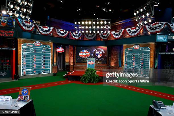 The 2014 MLB First Year Player Draft Board for Round 1 and podium at MLB Network in Secaucus NJ.