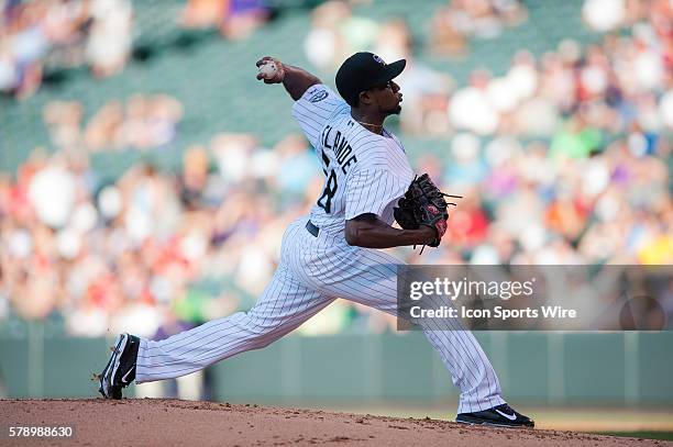 Colorado Rockies starting pitcher Yohan Flande pitches during a regular season Major League Baseball game between the Washington Nationals and the...