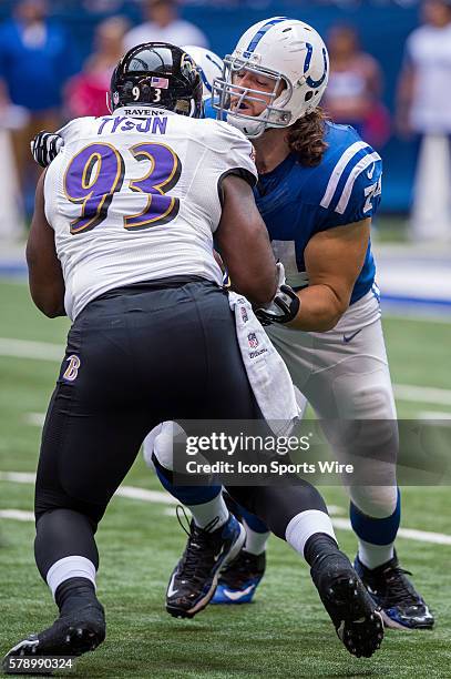 Indianapolis Colts tackle Anthony Castonzo blocks Baltimore Ravens defensive end DeAngelo Tyson during a football game between the Indianapolis Colts...