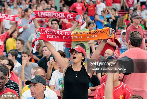 Fan with divided loyalties. AS Roma defeated Liverpool FC 1-0 at Fenway Park in Boston, Massachusetts for Football at Fenway 2014.