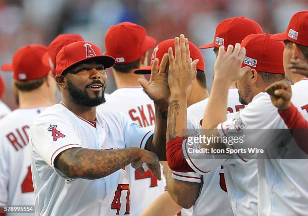 Los Angeles Angels of Anaheim Howie Kendrick takes the field during player introductions before ALDS game one against the Kansas City Royals played...
