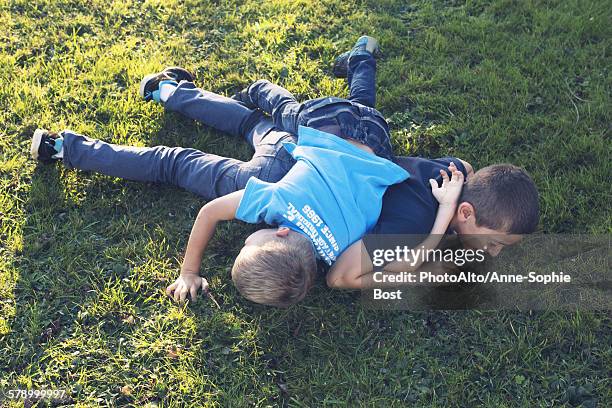 Young brothers playing together on lawn