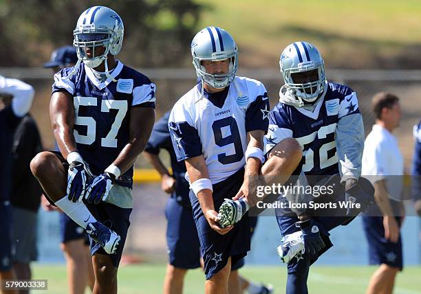 Cowboys DeVonte Holloman, Cowboys Tony Romo and Cowboys Justin Durant coordinate their stretches during the Dallas Cowboys Training Camp at the River...