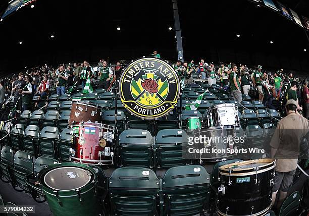 October 8, 2014 - Drums sit ready in the Timbers Army section prior to the start of the match during a Major League Soccer game between the Portland...