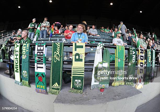 October 8, 2014 - Scarves adorn the railing in the Timbers Army section of the stadium prior to the start of the match during a Major League Soccer...