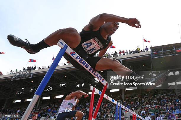 The U.S. Military Academy team AK competes in the College Men's Shuttle Hurdles Championship of America during the Penn Relays at Franklin Field on...