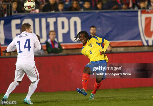 Greg Garza of the USA MNT sees the ball from Juan Carlos Paredes of Ecuador go over his shoulder during an international friendly match at Rentschler...