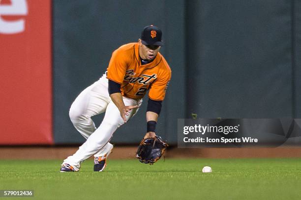 San Francisco Giants center fielder Juan Perez catches a ground ball deep to center field, during the game between the San Francisco Giants and the...