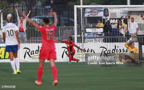 Western NY Flash forward Jasmyne Spencer scores a goal during a soccer match between the Boston Breakers and Western NY Flash at Sahlen's Stadium in...