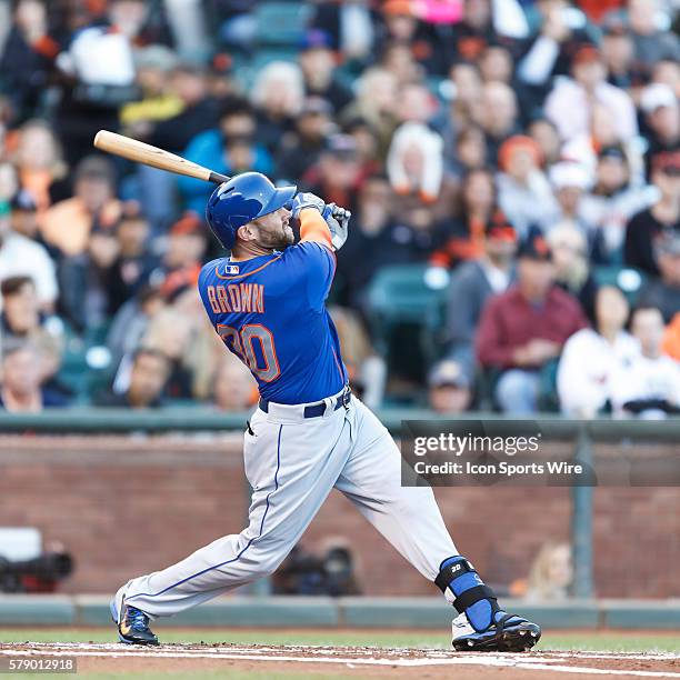 New York Mets left fielder Andrew Brown flies out during the second inning of the MLB game between the San Francisco Giants and the New York Mets at...