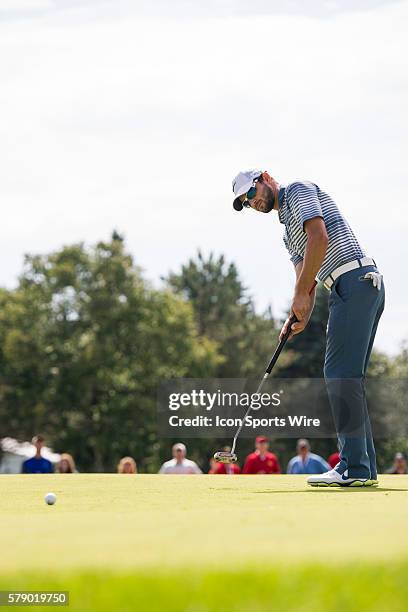 Kyle Stanley from Seattle, WA misses his put on the 9th hole during the third round of the 2014 RBC Canadian Open at the Royal Montreal Golf Club in...